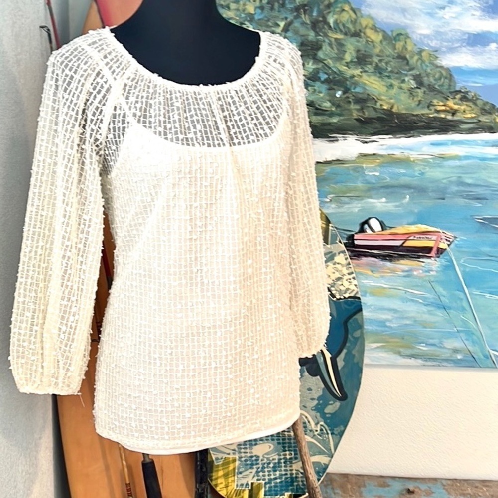 Isaac Mizrahi, Lightest Cream Sequined Blouse, Tank-Lined, Excellent Condition - Picture 7 of 11